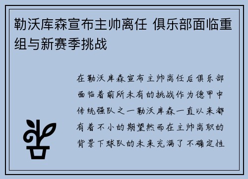 勒沃库森宣布主帅离任 俱乐部面临重组与新赛季挑战