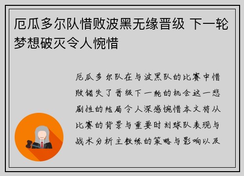 厄瓜多尔队惜败波黑无缘晋级 下一轮梦想破灭令人惋惜