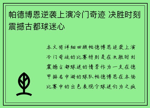 帕德博恩逆袭上演冷门奇迹 决胜时刻震撼古都球迷心