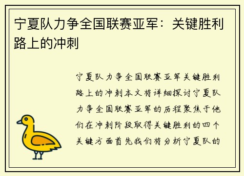 宁夏队力争全国联赛亚军：关键胜利路上的冲刺